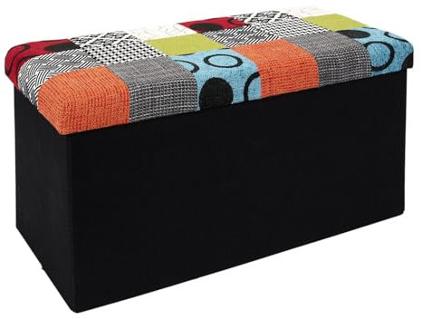 HOME DECO FACTORY HD6507 Cassapanca Patchwork Seduta Pieghevole, Ingresso, Soggiorno, Camera da Letto, Sala da Pranzo, mobile-76 x 38 x 38 cm, Poliestere Legno, Multicolore, 76 x 38 x 38