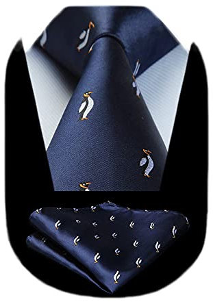 HISDERN Herrslipsar bröllop djurmönster näsduk klassisk affärsslips och näsduk set, Marinblå/pingvin, En Storlek
