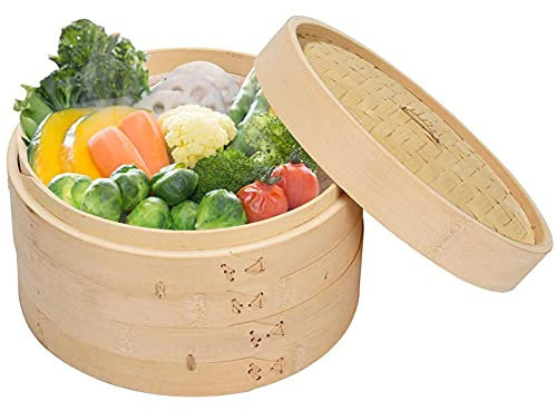 LTLWSH Vaporiera in bambù 2 Livelli Cestello per Cottura a Vapore in bambù Fornello per Alimenti con Riso Naturale Cinese con Coperchio, φ25cm