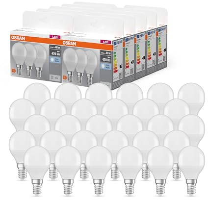 Osram LED BASE Classic P40, matte Filament LED-Lampen aus Glas für E14 Sockel, Kerzenform, Kaltweiß (4000K), 470 Lumen, Ersatz für herkömmliche 40W-Glühbirnen, 30 Stück (1er Pack)