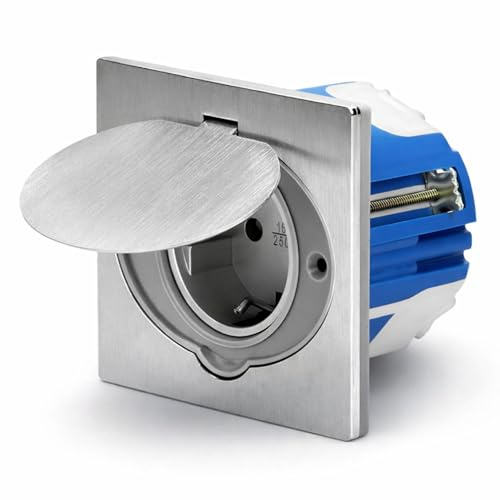 Edelstahl Einbausteckdose, Bodensteckdose IP44, Klappdeckel, Steckklemme, winddichte Schalterdose