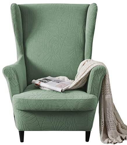 Wingback Chair Covers 2 Piece Set - 2 IN 1 Design Armchair Covers Solid Soft Wing Back Chair Cover Stretch Wing Chair Slipcover Furniture Protector for Living Room Bedroom Hotel (Green)