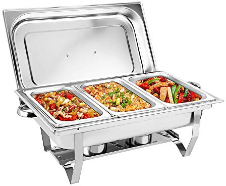 JINPRDAMZ 3-Grid Chafing Dish Professional Set 9 L, Stainless Steel Heat Container with Folding Stand, 2 x Fuel Paste Containers and 2 x Food Pans, Food Warmer for Catering, Buffet and Party
