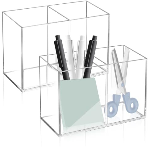 Realand Lot de 2 porte-stylos en acrylique pour bureau, 2 compartiments transparents pour pinceaux de maquillage, pot à crayons pour marqueur