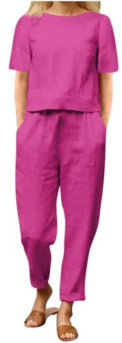 AEGJEGVD Leinen Outfits Damen Leicht Baumwolle Hosenanzug 2 Teiler Bluse Tshirt und Lange Hosen Freizeitanzug Casual Einfarbig Jogginganzug Leicht Atmungsaktiv Sportanzug Lose Elegant Tracksuit 2024