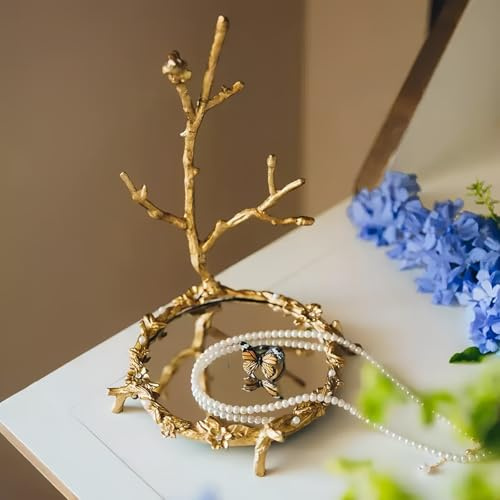 TerkCo Antique Gold Jewelry Stand Tree with Floral Mirror Tray,Decorative Jewelry Organizer for Rings, Necklaces, Earrings (Gold)