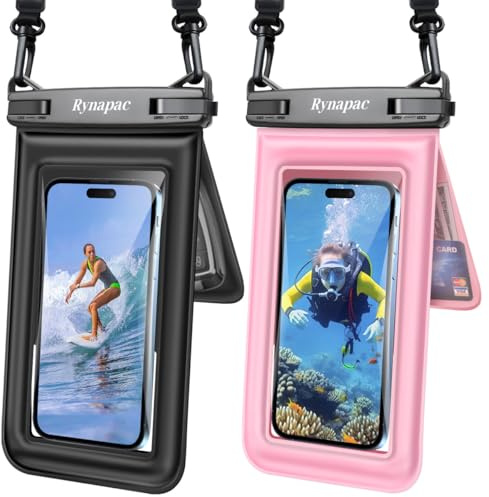Rynapac Custodia galleggiante impermeabile per cellulare, fino a 8,5 pollici, IPX8, con cordino per iPhone 16, 15, 14, 13 Pro Max, Galaxy S24/23/22 Series (nero e rosa)