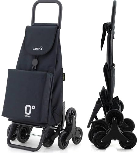 GARMOL Carro de la Compra Térmico Plegable 55 litros |Bolsillo Térmico Interior de 11 litros | Carro de la Compra 8 Ruedas Sube Escaleras de Gran Capacidad | Carrito Plegable Color Negro