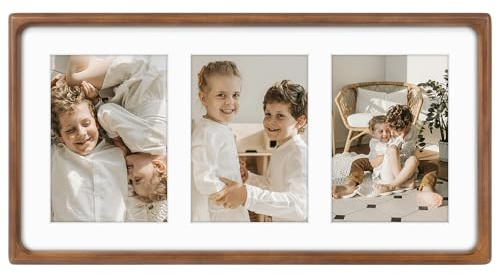 Golden State Art, 5x7 Collage Picture Frame - Solid Wood with Real Glass - Multi Picture Frame for (3) 5x7 Photos or One 9x18 Print - Rounded Corner Design - Collage Wall Decor - Brown