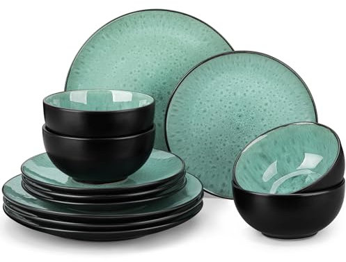 vancasso Vajillas Completas para 4 Personas Juego de Vajilla de 12 piezas de Gres de Doble Esmalte - 4 Cuencos (710 ml), Platos de Postre (22 cm) y Platos Llanos (26,9 cm) - Verde, Serie BUBBLE