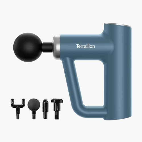 TERRAILLON - FITNESS MASSAGER - Pistolet massage musculaire multizones, 6 vitesses de massage 1800-3200 RPM, Soulage et détend les muscles, récupération musculaire, 4 embouts, USB-C. Bleu