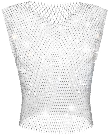 GENEMEN Débardeur sexy en maille filet et strass pour homme, argenté, M