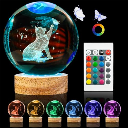 BIRBANN Lampada da notte 3D Crystal Cat, Telecomando a 7 colori Lampada Notturna a Sfera con Base a LED, Inciso in 3D Luce Notturna, Decorazione in Cristallo Regali per bambini, Gatto