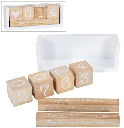 Dadi conto alla rovescia, calendario in legno naturale, bianco, calendario da tavolo, contatore giornaliero, compleanno, vacanze, anniversario