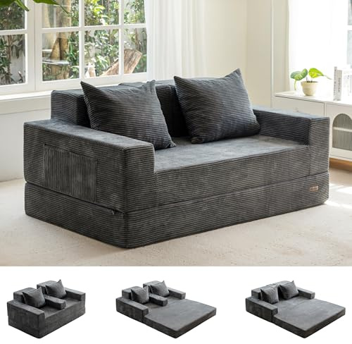 MAXYOYO Folding Sofa Bed, Corduroy Floor Couch with Cup Holder