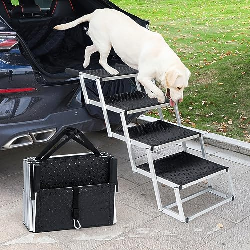 Uross Foldable Folding Dog Steps for Car 4 Steps - Collapsible Pet Sairs Ramp for Car and SUV, Aluminum Dog Ramp Stairs for Large Dogs,Telescoping Pet Step Stair Ladder for Truck