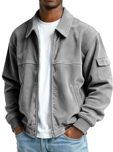 Felpe in velluto a coste da uomo con zip intera giacca in pile camicie da uomo colletto alla coreana giacche calde invernali leggere a maniche lunghe pullover texture strisce felpa cappotti, Grigio