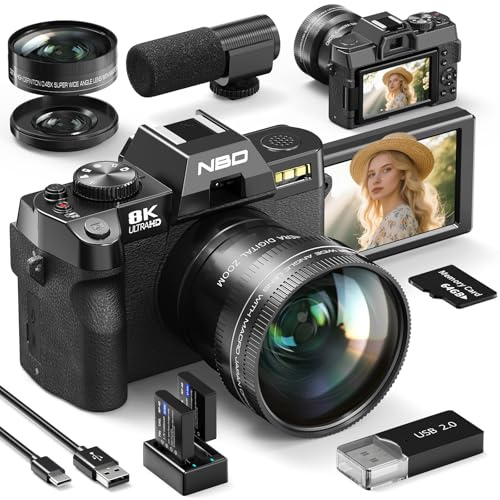 NBD Appareil Photo numérique 8K 64MP avec autofocus, Zoom numérique 16x, F1.8, Écran IPS 3 180°, WiFi + Lentille Grand Angle/Macro + Micro Externe + Carte 64GB + 2 Batteries (Noir)