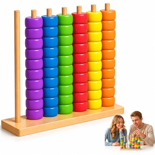 Pipihome Colour Stack Challenge Game, Wooden Toddler Stacking Toys, Stacking Rings Puzzle Games, Tabletop Brain Teaser Family Travel Game Gifts, Sensory Toys for 1 2 3 Year Old Boys Girls Adults