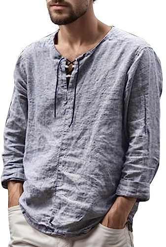 Camisa Hombre Lino Manga Larga Medieval vikinga sin Cuello Cuello en V Color Solido con Cordones Abotonada Ligera Transpirable Holgada Casual Pescador Yoga Playa Trabajo con Capucha y (L)