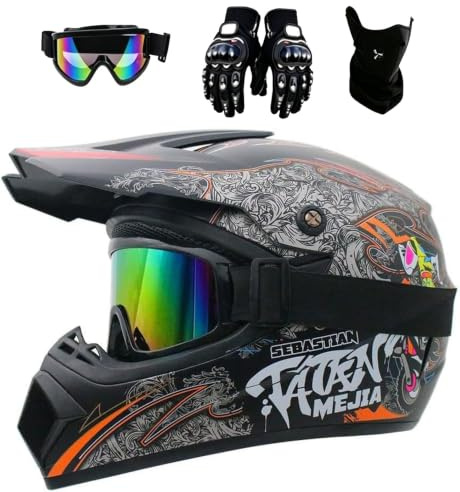Ungdomsbarn Full Face MTB Motocrosshjälm Off Road ATV | DOT Unisex Downhill Enduro Quad BMX Racing Dirt Bike Krockhjälm, med Goggles Handskar Mask