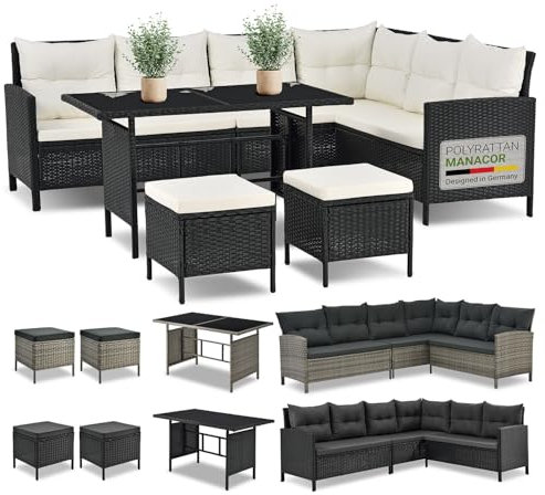 Juskys Polyrattan Lounge Manacor mit Ecksofa, Esstisch, 2 Hocker & Kissen - wetterfest bis 7 Personen - Bezüge waschbar - Rattan Garten Sitzgruppe Gartenlounge Gartenmöbel Set - Schwarz/Creme