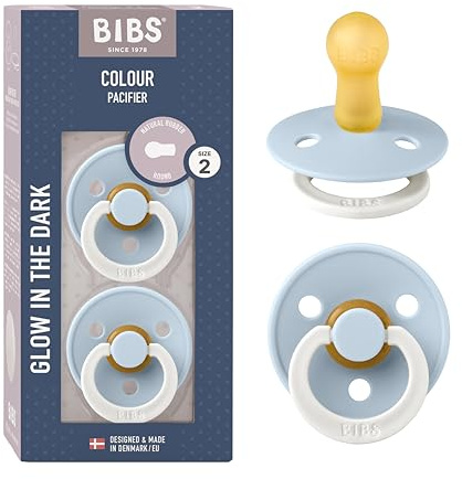 BIBS Colour Night Glow in the Dark Soother 2-Pack, BPA Free Dummy Pacifier, Round Nipple. Natural Rubber Latex, Made in Denmark, Size 2 (6-18 Months), Baby Blue Glow
