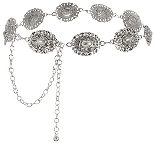 WHIPPY Damen Concho Kettengürtel taillenkette Türkis Taille Gürtel verstellbarer Metall Western Cowgirl Gürtel für Kleid，Silber 130cm