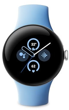 Google Pixel Watch 2 – Boîtier en Aluminium Argent Poli – Bracelet Sport Bleu Azur – Wi-FI