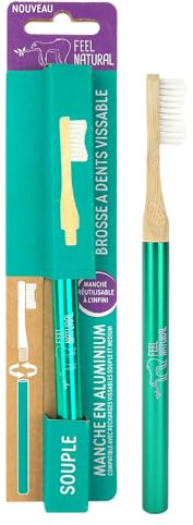 Brosse à Dent Souple Vert - Bambou Naturel et Aluminium avec des Poils Naturels d'Huile de Ricin - Nettoyage en Douceur des Dents - Hygiène Dentaire, Gencive, Tartre - Rechargeable sur les Manches