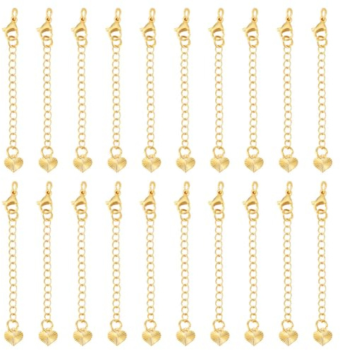 Beebeecraft 1 Scatola 20 Pezzi Allungatore per Bracciale in Catena Placcato in Oro 18K Allungamento di Catena Curb con Moschettoni a Pinza di Grano e Piastrine a Cuore per Creazione di Gioielli