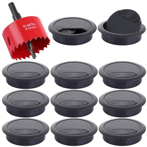 ASelected 10Pcs Desk Grommet 60Mm Metal Hole Saw, 60Mm Round Desk Cable Grommet, Desk Cable Hole Covers Wire Organizer for Home and Office Table Cable Cord Management (Black)