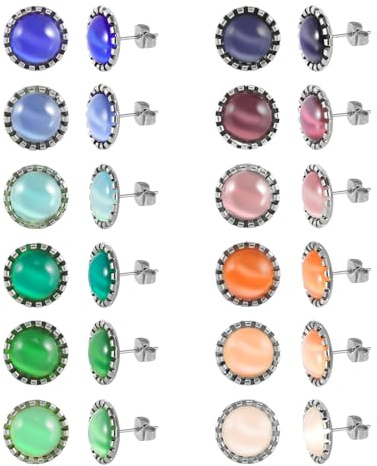 JMFENFA Lot de 12 paires de boucles d'oreilles à tige en acier inoxydable chirurgical plaqué or 18 carats avec pierre précieuse multicolore pour femme