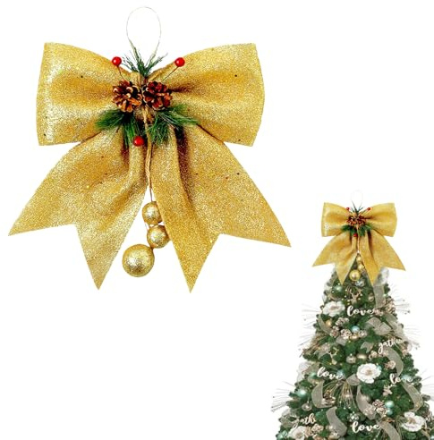 1 lazo dorado para árbol de Navidad, 9.8 x 11.8 pulgadas, coronas con purpurina, lazos grandes de lentejuelas, lazos de Navidad para decoración de árbol, lazos dorados, lazos de espuma para árbol de
