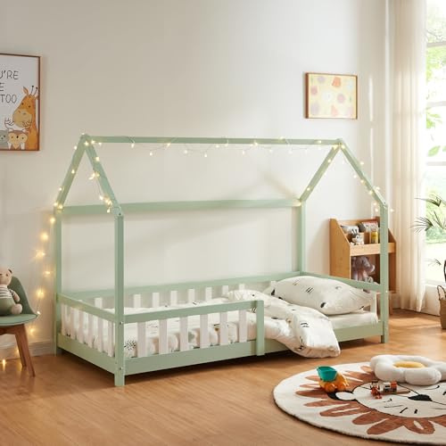 [en.casa] Children's bed Hesel house bed mint green 90 x 200 cm with fall-out protection and slatted frame floor bed youth bed wooden bed