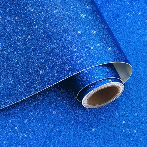 VaryPaper Papel tapiz autoadhesivo con purpurina azul zafiro de 40 x 200 cm, rollo de plástico grueso para pared, dormitorio, baño, estante, armario, envoltura de vinilo