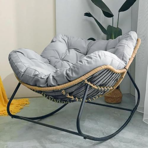 BYGSBKDP Rocking Chairs for Adults, Papasan Rocking Chair, Oversized Rattan Wicker Lounge Chair, with Cushion Metal Frame Large Supports Modern Outdoor Patio Garden Egg Rockings Chairs (Grey)