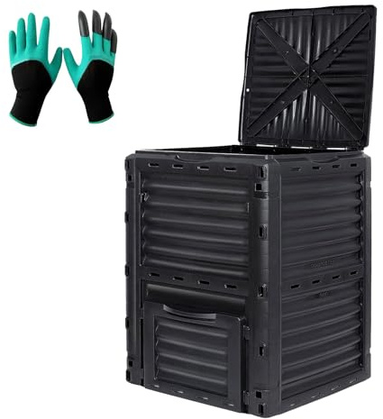BIOGRN Compost Bin Outdoor 80 Gallon (300L) Large Compost Bin Composter with w/Top Flip Latch-on Lid BPA-Free Composter Barrel for Garden, Kitchen, and Yard Waste, Black, Easy Assembly