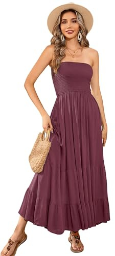 R.Vivimos Estate Donna Senza Spalline Bandeau Shirred Boho Maxi Vestito Abito Lungo da Spiaggia(M,PurpleRed#2)