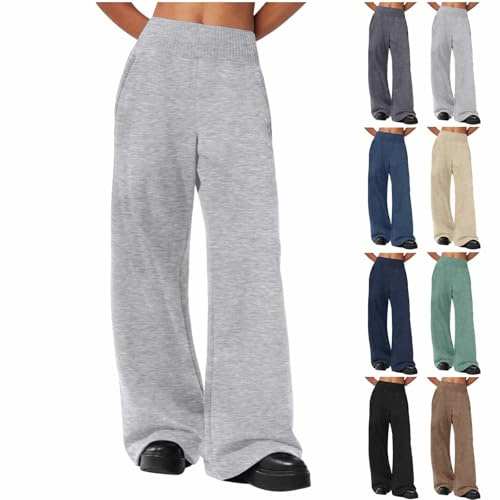 Wide Leg Joggers for Girls Plain School Trousers High Waisted Straight Leg Tracksuit Bottoms Elasticated Sweatpants Pockets Baggy Sports Pants (Grey, 12-13 Years)