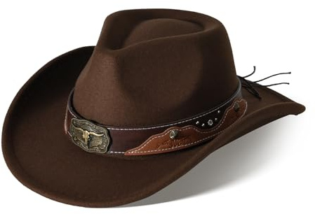 Cowboyhut Damen Herren Westernhut Fedora Hut Breiter Krempe mit Lederband (Braun 6#)