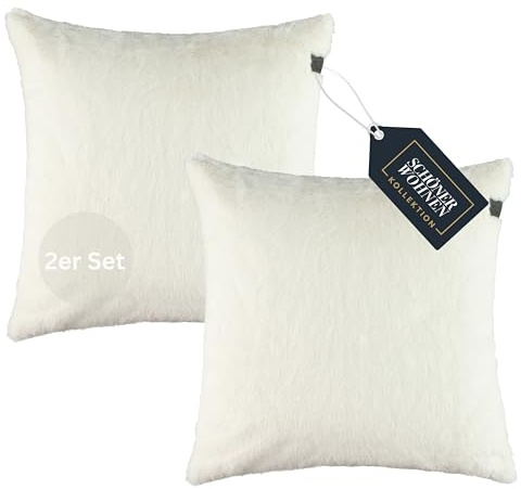 SCHÖNER WOHNEN 2er Pack Kissenbezug 45x45 flauschig - Warme Kunstfell Kissenhüllen weiß - Deko für Couch & Wohnzimmer - ÖkoTex Plüsch Kissen - Kissenbezüge für Herbst & Winter & Geschenkidee