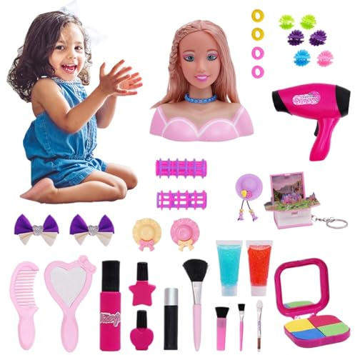 NIDONE 33 pièces poupée de tête de Coiffure pour Enfants avec Accessoires sèche-Cheveux, Ensemble Coiffure pour Enfants, Maquillage Luxe, Ensemble Jeu Simulation, tête, Jouet c