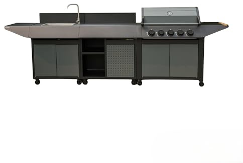 Cook'in Garden - Cocina exterior de gas BURN, Barbacoa con postre y fregadero integrados, 5 quemadores, almacenamiento adicional, grifo con salida de agua, función plancha y barbacoa