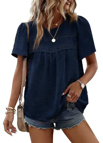 CMTOP Chemisier Femme Ete Blouse Manches Courtes Col Rond Tunique Chic et Elegant Haut Bohème Dentelle Fluide Tops Lâche Décontracté Blouse