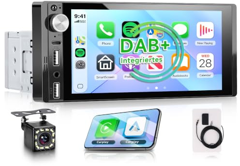 Rimoody DAB/DAB+ Single Din Car Stereo with Wireless CarPlay Android Auto | 6.9'' IPS Touchscreen Bluetooth 5.2 Handsfree FM AM Radioe EQ Mirror Link Type-C USB Mirror Link 1 Din Reverse Camera