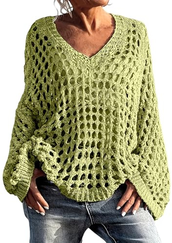 HUIFUAO – Haut creux pour femme – Col en V – Manches longues en tricot au crochet – Cache-maillot de bain décontracté pour l'été, les vacances – Pull bohème ample pour maillot de bain – Pull Y2K