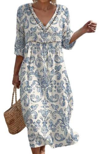 Summer Dresses for Women UK Bohemian 3/4 Sleeve Print Dresses Casual Loose Fit Boho Dress Breathable Comfortable Friendly Elegant Style Holiday Beach Travel Everyday Wear