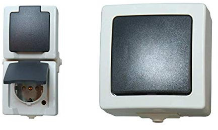 Kopp Nautic Steckdose für Feuchtraum, Aufputz, 250V (16A), 2-fach Schutzkontakt-Steckdose mit Deckel, grau, 136956008 & Nautic Universalschalter (Aus- und Wechselschalter), Aufputz, 250V (10A), grau