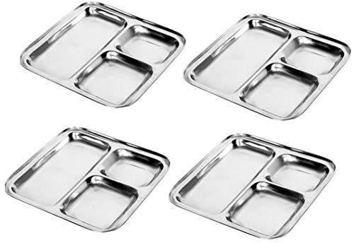 Satre Online and Marketing Square Plates Set of 4 Lunch Dinner Thali 3 Deep Compartments Stainless Steel